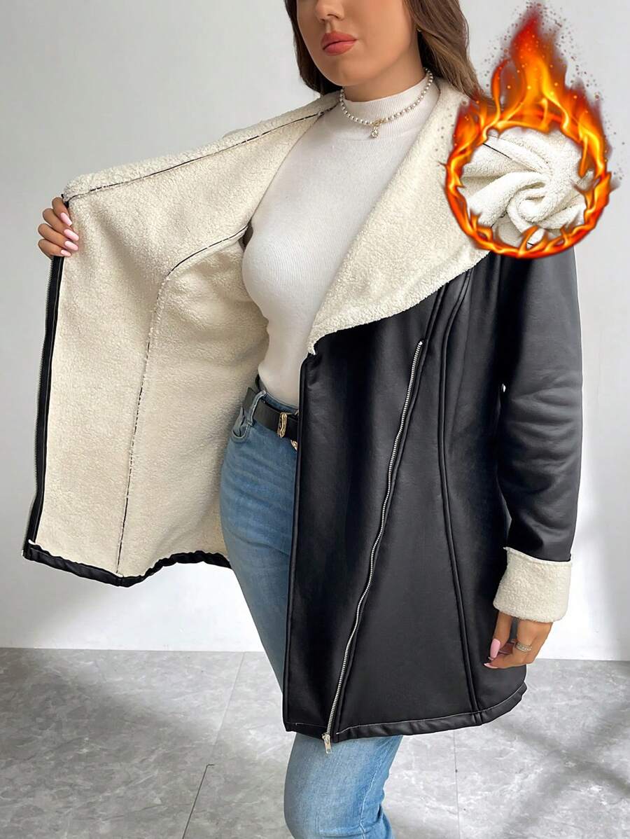 SHEIN Privé 大码优雅蓬松领人造皮革衬里加垫保暖收腰夹克，秋冬款 - 黑色 - 查看 1