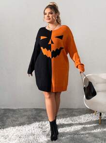 SHEIN CURVE+ Plus Size Casual Punk Colorblock Orange Smiling Face Pattern Sweater For Halloween, Women Clothes - Multicolor - View 7