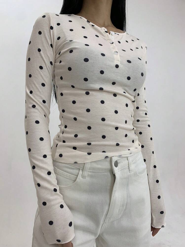 Autumn New Fitted Polka Dot Women T-Shirt, Casual Everyday Wear Long Sleeve Women Tops