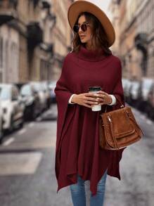 SHEIN Clasi 休闲纯色高领斗篷毛衣，秋冬 - 酒紅色 - 查看 3
