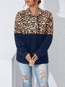 SHEIN LUNE Plus Leopard Print Drop Shoulder Drawstring Hoodie Sweatshirt - Navy Blue - View 3