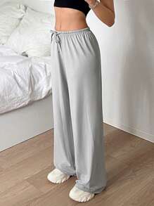 SHEIN EZwear 纯色前系带休闲柔软舒适长裤，日常休闲装