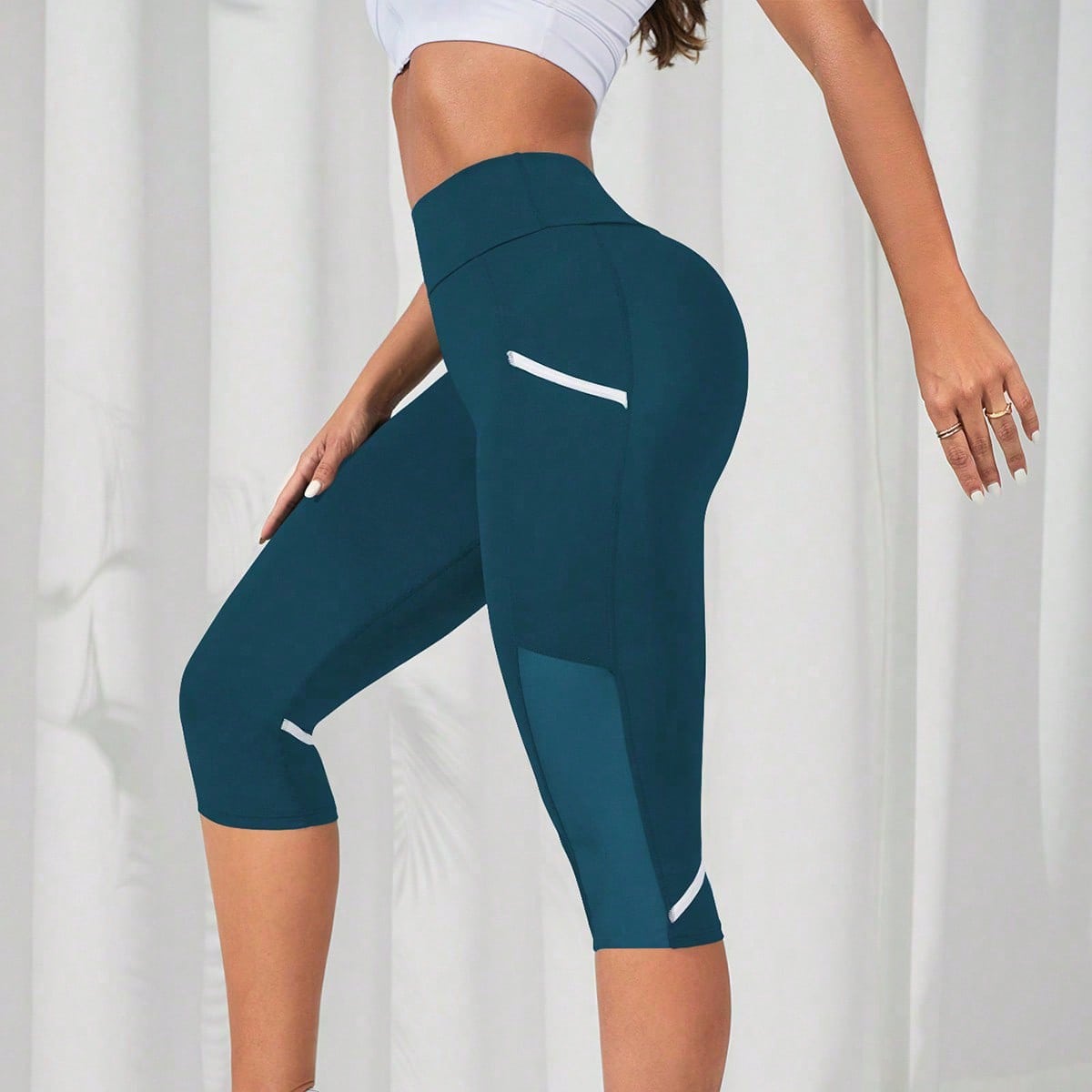 Leggings deportivos para mujer con bolsillo de malla de contraste y banda ancha para la cintura