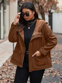 EMERY ROSE Plus Size Women Winter Solid Color Long Sleeve Thermal Lined Hooded Casual Loose Jacket Fall Cloth For Women Autumn - Brown - View 4