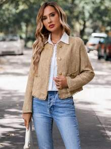 SHEIN LUNE 女士休闲复古磨边纽扣前双口袋夹克，秋季 - 卡其色 - 查看 3