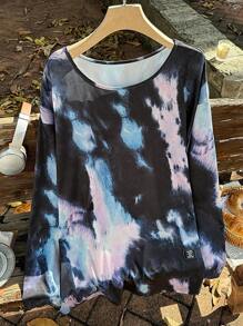 SHEIN EZwear Camiseta casual de manga larga con cuello redondo, hombros caídos y estampado de teñido anudado para mujer de talla grande, otoño - Multicolor - Ver 1