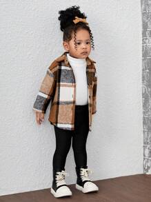 SHEIN 3 pièces/Set Veste à carreaux pour bébé fille, pull tricoté et pantalon à taille élastique, automne/hiver - Tabac - Voir 3