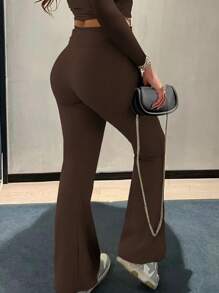 Plus Size Solid Color Minimalist Fold Waist Leggings, Casual Daily Wear - Cà phê nâu - Xem 2