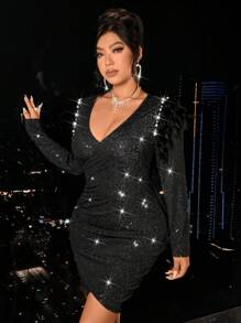 Allurite Plus Size Women's V-Neck Long Sleeve Sequin Embellished Fitted Evening Dress Fall Cloth For Women - Black - View 5