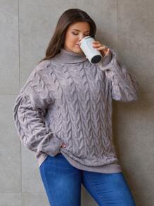 EURMUSE Plus Size Knitwear Cable Knit Funnel Neck Pullover Sweater - Mocha Brown - View 5