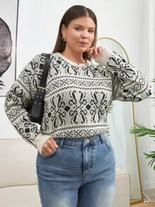 RueChic Pull ample pour femmes, motif géométrique, col rond, épaules tombantes, manches longues, décontracté, automne/hiver - Noir et Blanc - Voir 6