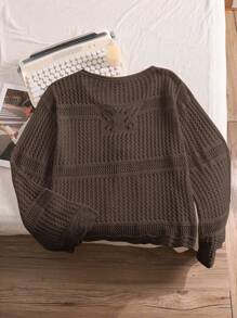 CosyJoli Plus Size Comfortable Casual Vacation Crochet Tie Front Loose Fit Cropped Cardigan, Light Apricot, For Winter,Fall Women Clothes Autumn,Slightly Sheer - Coffee Brown - View 2