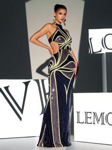 Vestido de graduación con espalda descubierta y recortes con lentejuelas, elegante vestido de noche formal para boda, cena - Multicolor - Ver 1