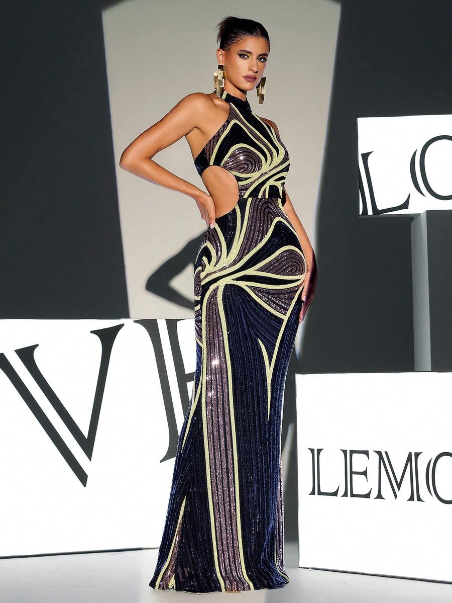 Vestido de graduación con espalda descubierta y recortes con lentejuelas, elegante vestido de noche formal para boda, cena - Multicolor - Ver 1