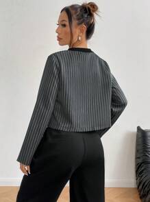 Chiquease Casual Striped Long Sleeve Cropped Jacket For Autumn - Dark Grey - View 2