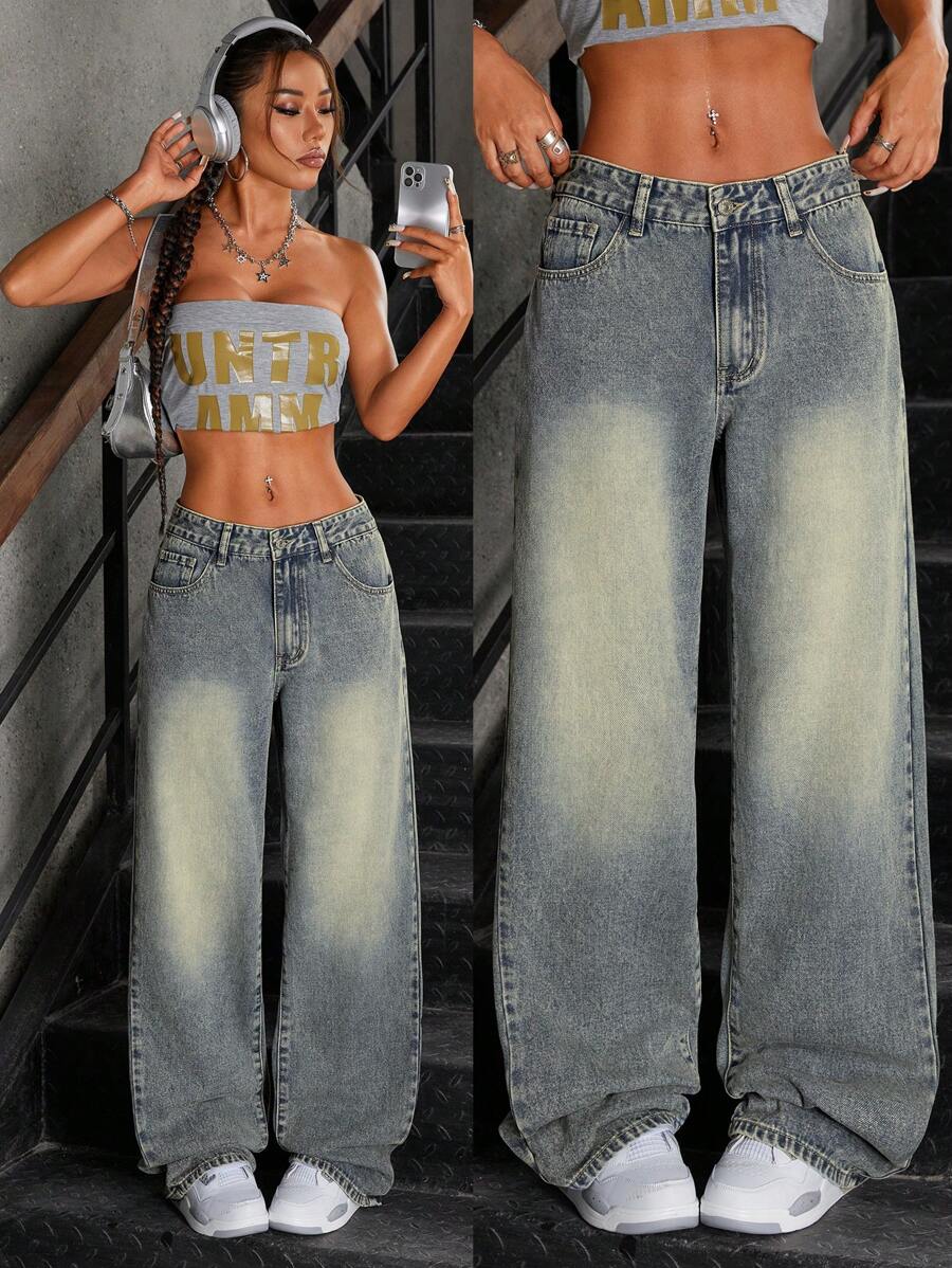 Quần jeans ống đứng lưng thấp cổ điển, giặt thường ngày - Rửa trung bình - Xem 1