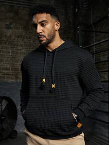 Gym Rark Plus Size Men's Solid Textured Drawstring Hooded Sweatshirt - Black - View 5