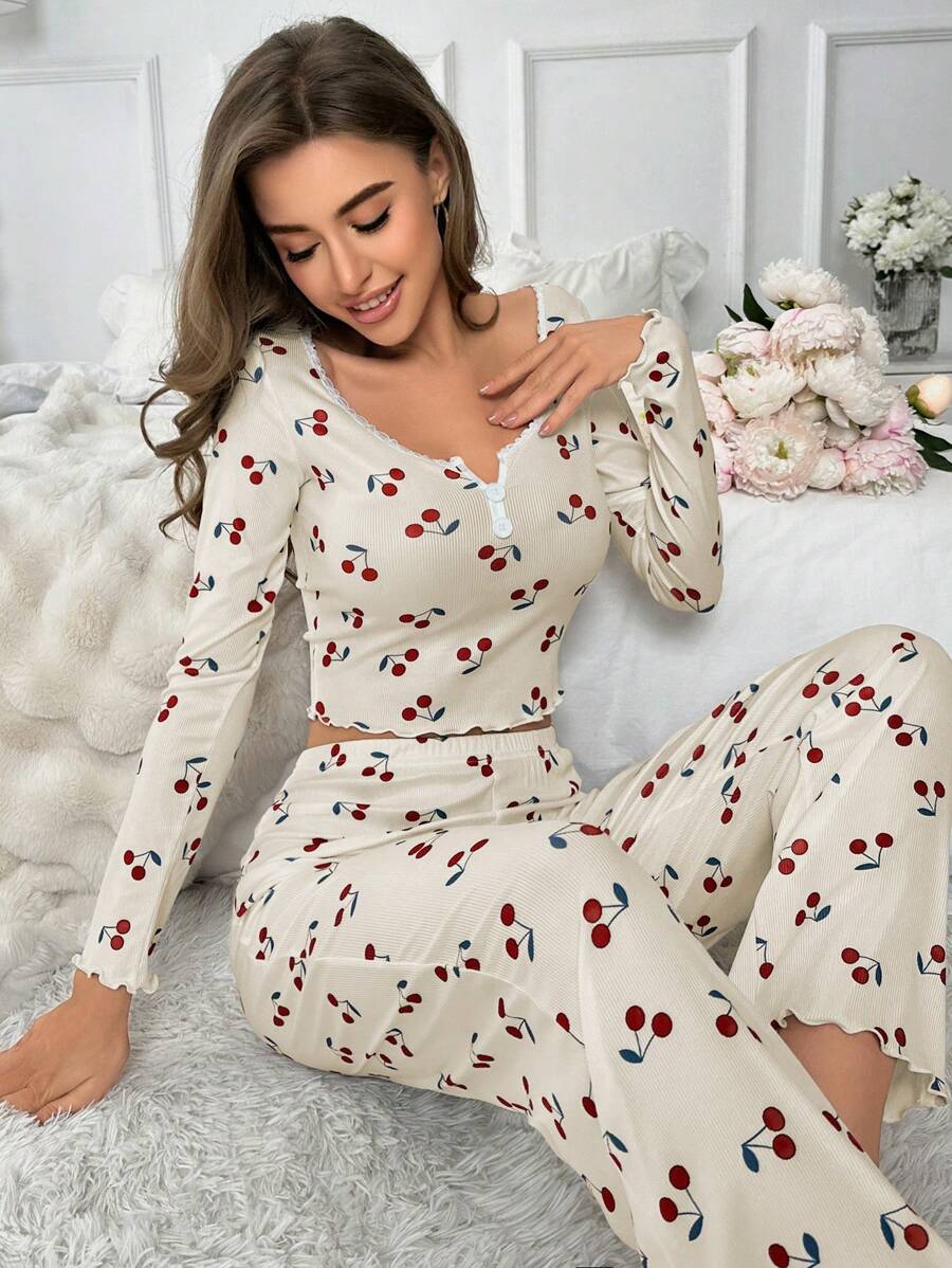 CottageSlumber Cherry Print Ruffle Collar Long Sleeve Pajama Set Cozy And Elegant Details, Fall Winter Clothes - Apricot - View 1