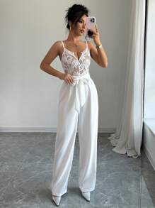 Chiquease Bộ đồ liền thân ren vá lưng cao cổ chữ V gợi cảm thanh lịch dành cho nữ, thích hợp mặc dự tiệc, hẹn hò ban đêm và mặc hàng ngày, mùa thu/đông - trắng - Xem 3