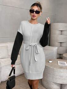SHEIN Unity Solid Color Patchwork Round Neck Long Sleeve Tie Waist Minimalist Knit Sweater Dress - Multicolor - View 4