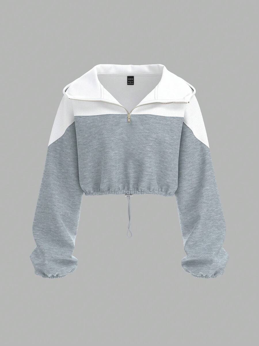 SHEIN BASICS 女式休闲运动拼色连帽长袖短款宽松运动衫 - 淺灰色 - 查看 1