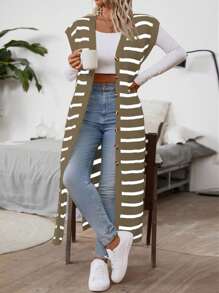 Flirla Plus Size Colorblock Striped Front Button Casual Long Cardigan, For Daily Wear - Multicolor - View 1