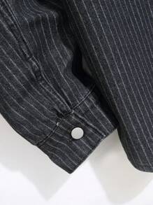 Manfinity Homme Men's Autumn Striped Long Sleeve Flap Pocket Single-Breasted Casual Denim Jacket - Black - View 6