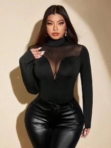 NU&NOW Plus Size Women Solid Color Mesh Long Sleeve Mock Neck Slim Fit T-Shirt For Spring Fall Cloth For Women - Black - View 1