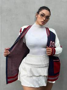 SHEIN MOOSTA 大码纯色拼接前拉链图案细节休闲针织套头衫 - 藍色 - 查看 4