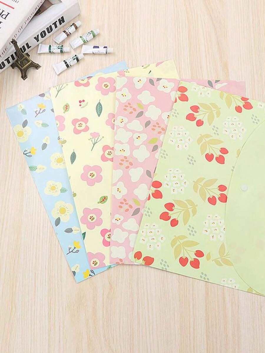 Túi đựng hồ sơ họa tiết hoa 4 chiếc, dụng cụ sắp xếp tài liệu đa năng đơn giản cho học sinh, văn phòng, lưu trữ hồ sơ - Nhiều màu - Xem 1