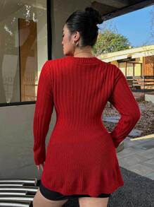 SHEIN Clasi Plus Size Christmas Bow Decor Round Neck Knit Sweater For Autumn/Winter Knit Pullover Fall - Red - View 2