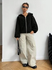 SHEIN EZwear 女士休闲双面连帽羊毛夹克，适合秋冬季 - 黑色 - 查看 3