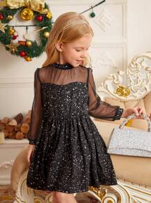 SHEIN Vestido de gala largo de manga larga con panel de malla de lámina plateada y negra, cintura imperio, elegante y lujoso para niñas y mujeres jóvenes. Versátil y apropiado para salidas diarias en otoño/invierno, se combina bien con diferentes chaquetas, abrigos y sobretodos.