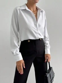 SHEIN Cottnline Solid Color Button-Front Elegant Fashion Long Sleeve Blouse - White - View 5
