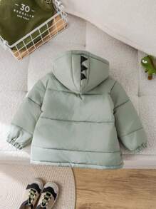SHEIN Leap Crew 1pc Young Boys Cute Casual Comfortable Warm Hooded Long Fleece Coat With Eye Decoration Pocket, Suitable For Outings, School, Daily Gatherings, Fall And Winter Seasons