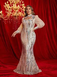 Glamrae 大码香槟金奢华串珠拼布欧根纱镂空领泡泡袖美人鱼优雅正式晚礼服，长袖连衣裙，适合婚礼嘉宾、毕业典礼、晚宴 - 香檳色 - 查看 7