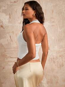 Opulessa 女士系带领蝴蝶结露肩无袖毛衣上衣，度假风格 - 白色 - 查看 2