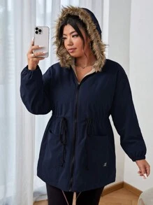 SHEIN EZwear 加大码海军蓝抽绳腰部蓬松连帽加厚棉服外套，冬季休闲 - 藏蓝色 - 查看 3