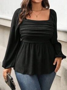 Vionelle Plus Size Solid Color Square Collar Ruffle Hem Long Sleeve Blouse Peplum Top - Black - View 5