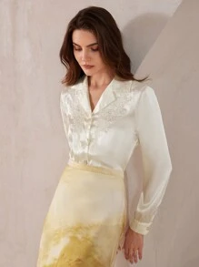 SHEIN Privé Áo cánh dài tay rộng rãi thêu phong cách cung điện cổ điển thanh lịch - Màu be - Xem 3