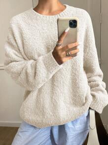 DAZY Suéter de cuello redondo de ajuste holgado de unicolor para mujer, ropa de mujer de otoño - Blanco - Ver 6