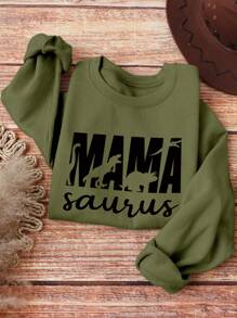 SHEIN LUNE Mama Saurus Mother's Day Sweatshirt, Funny Mother's Day Gift,Mother Birthday Gift,Gift For Mom,Long Sleeve Tops Pullover Fall - Army Green - View 1