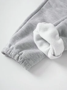 SHEIN 小女孩浅灰色豹纹星星图案运动裤，舒适又保暖 - 灰色 - 查看 4