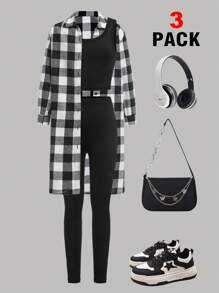 3pcs Tween Girls' Casual Black White Plaid Long Shirt, Round Neck Tank Top & Pants Outfit, Suitable For Spring Fall Winter