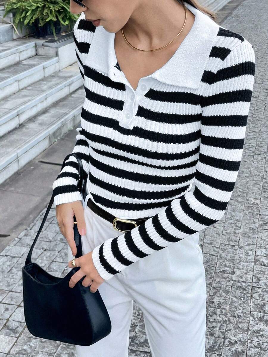 Chiquease Loose Contrast Color Polo Collar Striped Short Women Slim Fit Long Sleeve Pullover Casual Knit Sweater, Knit Pullover Fall Winter - Black and White - View 1
