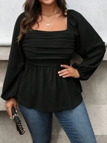Vionelle Plus Size Solid Color Square Collar Ruffle Hem Long Sleeve Blouse Peplum Top - Black - View 2