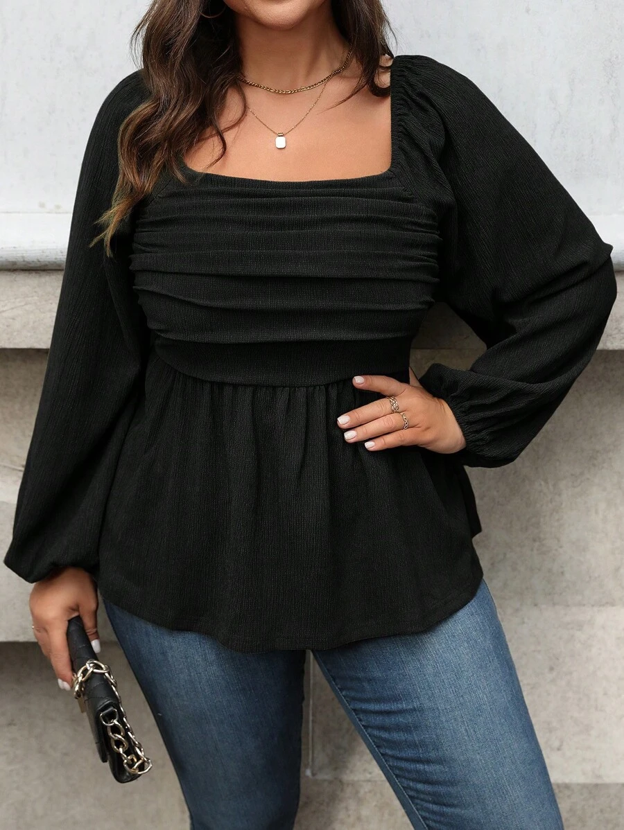 Vionelle Plus Size Solid Color Square Collar Ruffle Hem Long Sleeve Blouse Peplum Top