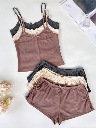 SHEIN Women's Summer Solid Jacquard Fabric Strappy Backless Triangle Drawstring Halter Sexy Cute Girl Beach Bikini Set, Ladies Separate Swimsuit