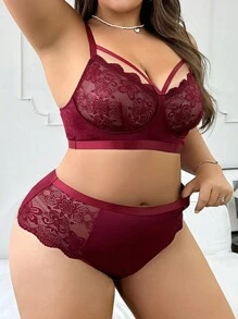 2pcs Plus Size Lace Sexy Bra And Panty Lingerie Set , Elegant Series - Burgundy - View 6