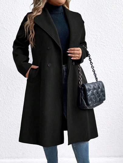 SHEIN Clasi Abrigo largo informal de manga larga con doble botonadura y bolsillo, de talla grande, para invierno